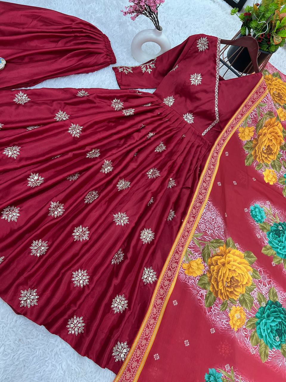 Beautiful palazzo suit set Pure Chinnon Silk With Embroidery Work With Fancy Full Sleeve
Top Inner  :Heavy Micro Cotton
Top Length:-48-49Inch
Top Size
M(38),L(40),Xl(42),XXL(44)
(FULLY STITCHED READY TO WEAR)