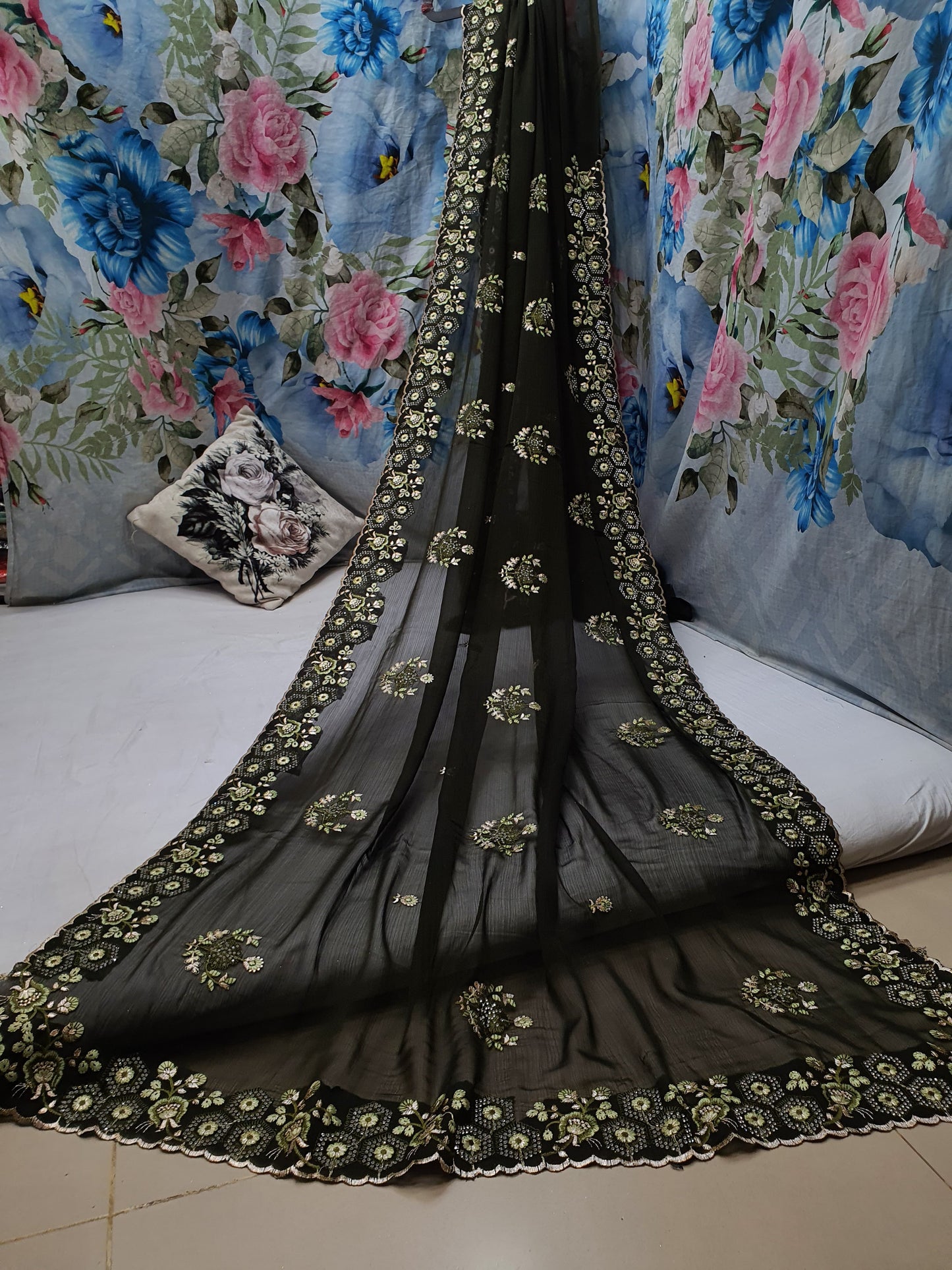 ALLOVER REASHAM WORK BORDER AND BUTTA WITH STONE ON GEORGETTE*Saree