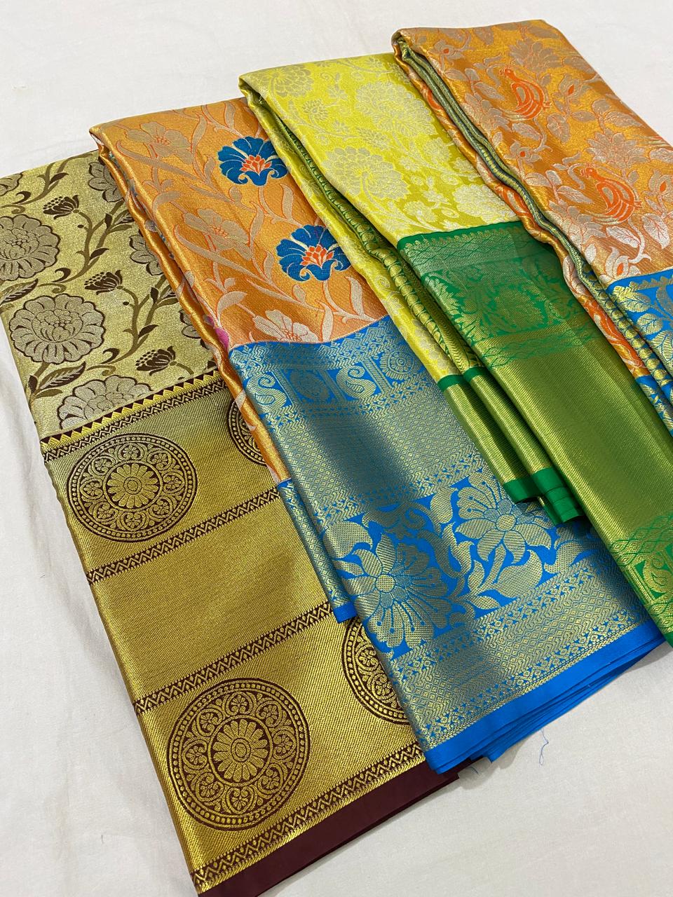 Kanchipuram semi Tishu silk sarees
Beautiful Design 
beautiful tishu bridal Semi silk sarees*
