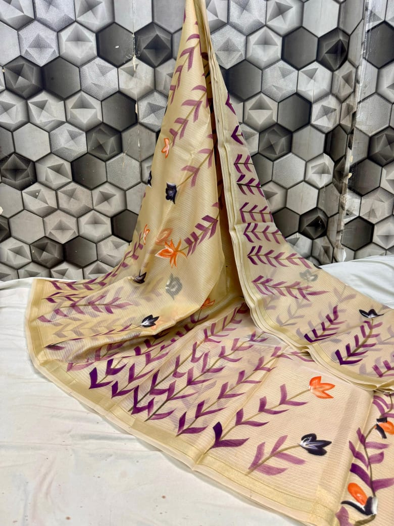 HANDWOVEN BANARASI KOTA CHEK HAND BRUSH PRINT SAREE*