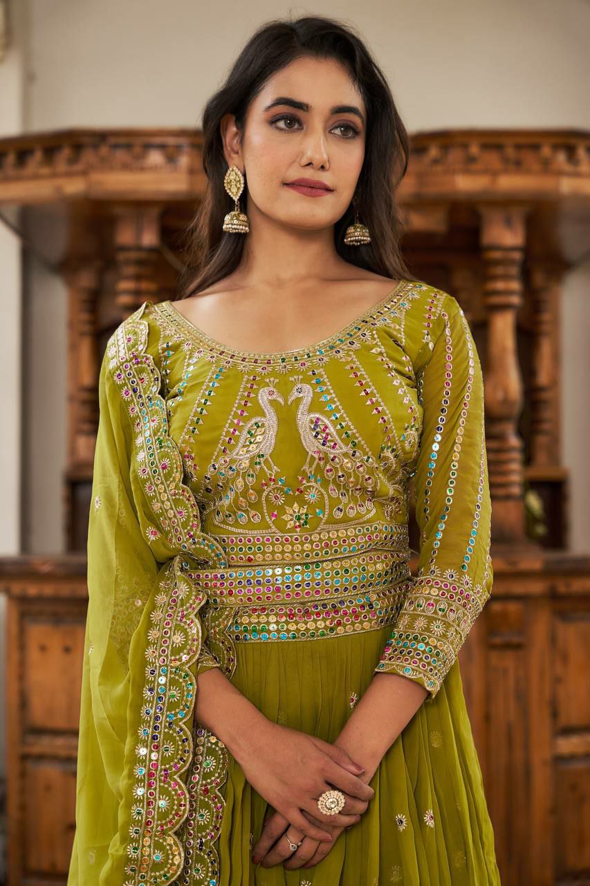 Perfect for mehndi ceremony lehenga choli set. 
Fabric:- Fox Georgette 
Work:- Heavy 7mm multi Sequence Work 
INNER:  Micro Cotton