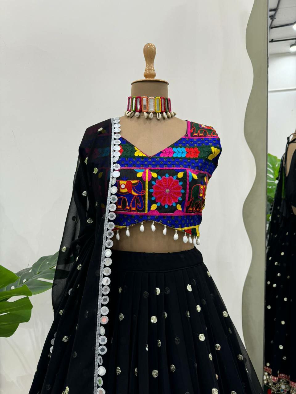 Perfect ring ceremony lehenga choli set :                                   Foux gorgette 
Work : Sequnce with Chainstich work with *Real mirror