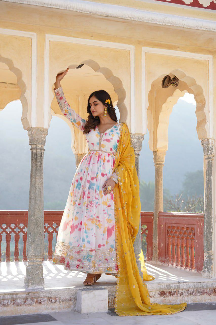 Anarkali suit set Digital printed Russian silk With  Embroidery Zari Sequins-work