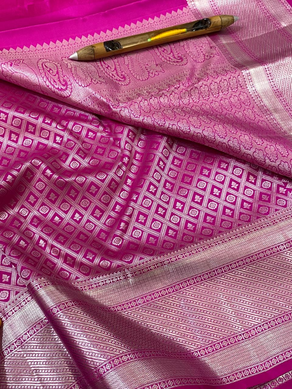 Kanchipuram Handloom pure silk saree
Beautiful fancy Design
silver zari collection beautiful wedding grand  type sarees*