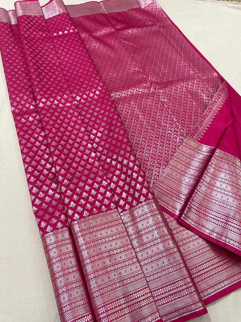 Kanchipuram semi silk sareesbeautiful pink colour and   Silver saree good quality