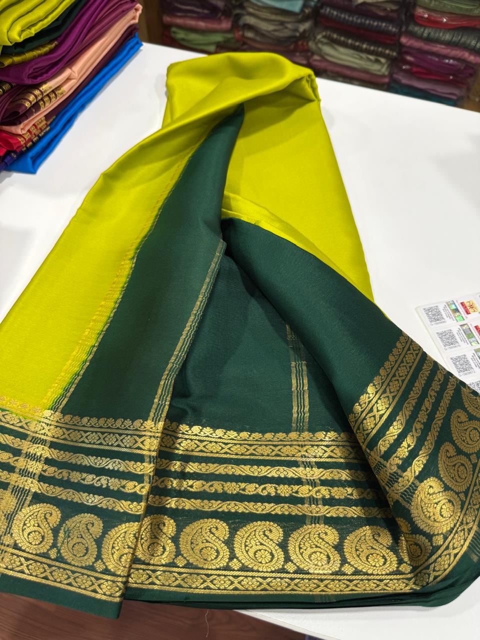 Pure Mysore silk sarees 
75 grm thickness Traditional  border Mysore silk sarees with all beautiful self colour big mango traditional