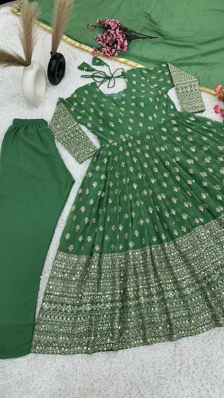 Gown Set Gown Fabric : Pure Heavy  Chinnon Silk With Full Heavy Embroidery Sequence Work full Sleeve
Gown Inner : Micro Cotton
SIZE
XL(42) Free Size With ,XXL(44) Marjin
(Fully Stitched Ready To Wear)