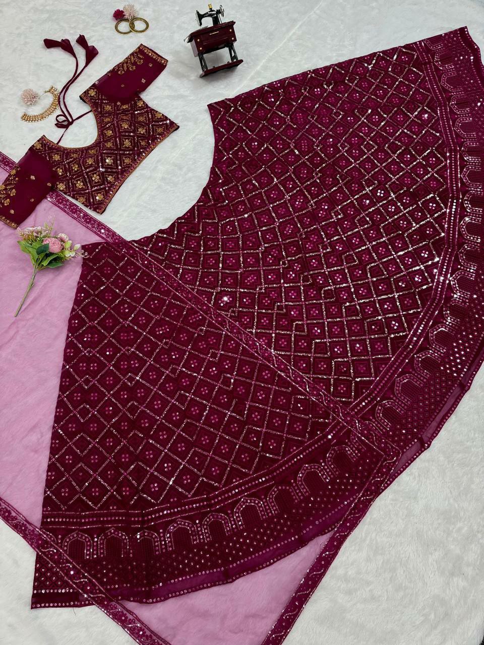 DESIGNER BRIDAL Lehengha 
Fabric : Foux gorgette 
Work  thread with 9mm Sequnce
