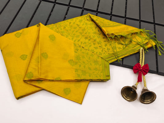 Khadi Raw Silk Saree With Contrast Weaving Pallu With Royal Tassels With Jamdhani Weaving Border Having