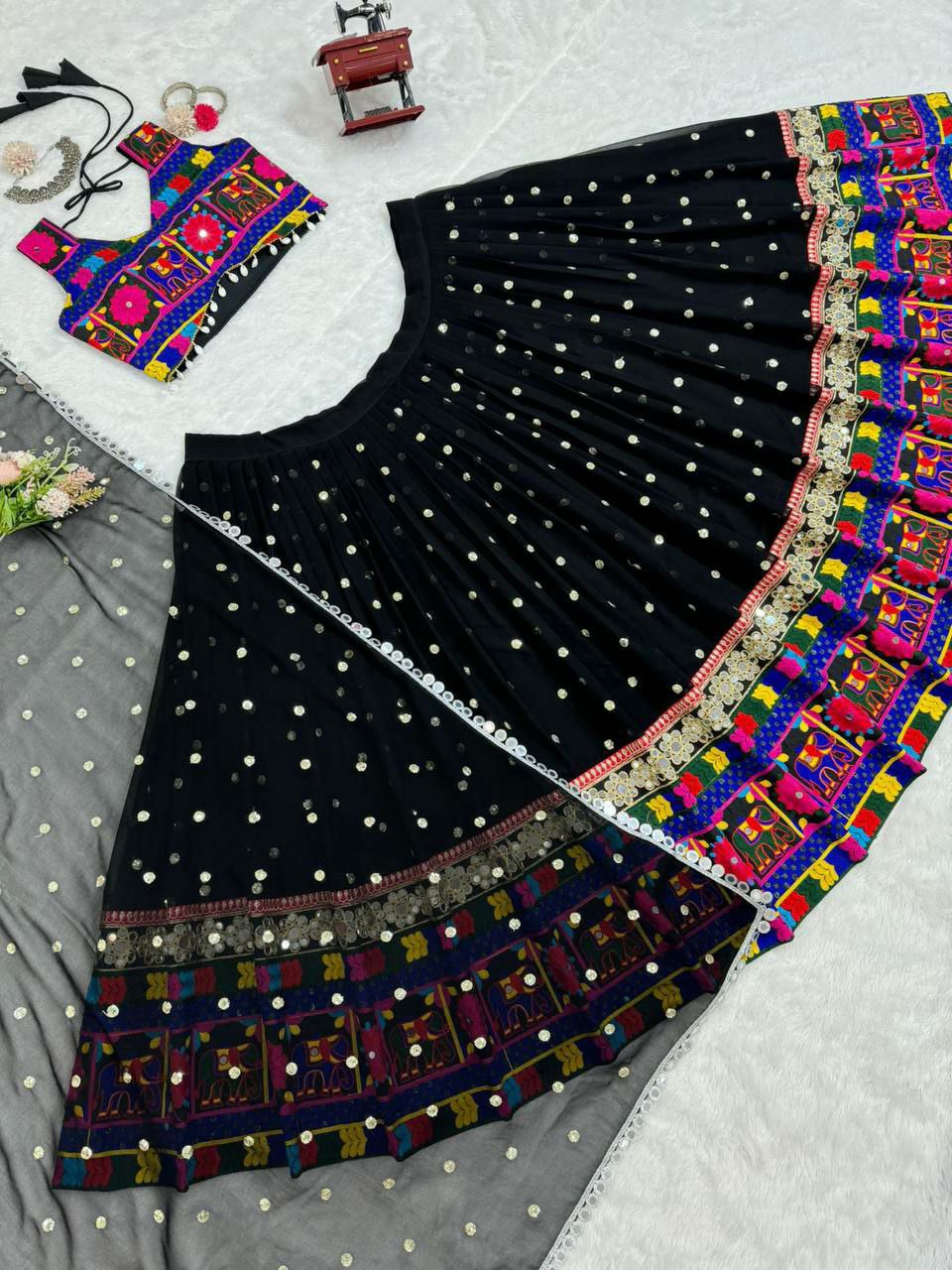 Perfect ring ceremony lehenga choli set :                                   Foux gorgette 
Work : Sequnce with Chainstich work with *Real mirror