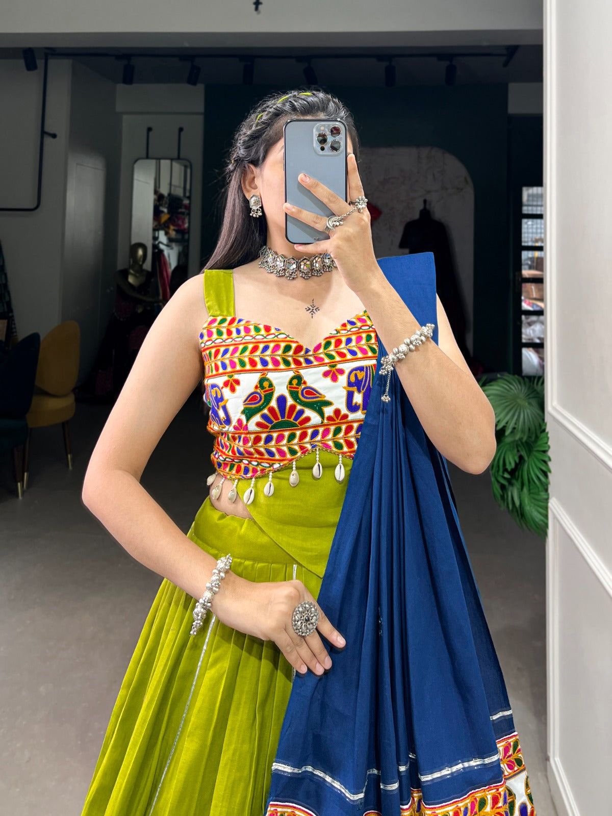 Navratri Collection 2024
Enchanting Navratri Fashion: Elegant Cotton Chaniya Choli with Authentic Gamthi Work and Gota Patti Touch-Ups for a Vibrant Celebration🦚🧿
