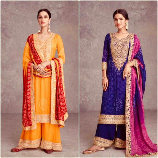 Designer plazo suit set          Heavy Chinon With Digital Print With Embroidery Sequence Work With Heavy With Full Sleeve