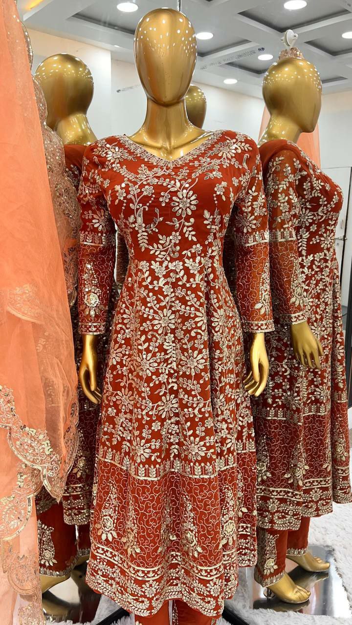 Designer gown set.                 Gown Fabric: Pure Heavy  Faux Georgette With Full Heavy Embroidery Sequence Work*    Full Sleeve