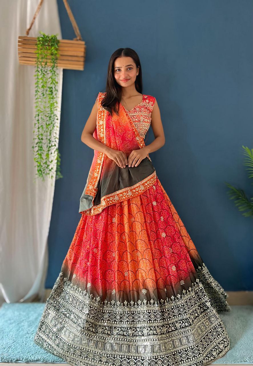 LEHNGA : CHINON SILK WITH DIGITAL PRINT AND EMBROIDERY SEQUENCE DESIGN WORK