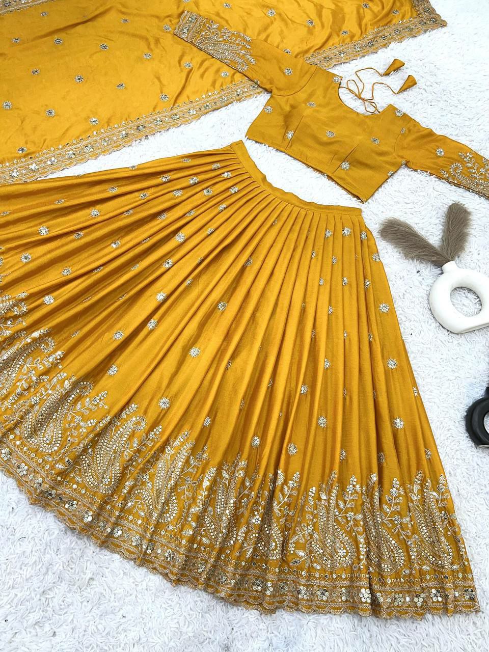 Lehenga Fabric   : Heavy  Chinon Silk With Heavy Embroidery Sequence Work With CanCan Patta
Lehenga Flair :  3 mtr
Lehenga Inner : Micro Cotton
Lehenga Length : 42-43 Inch 
Choli  Fabric : Heavy Chinon Silk With Heavy Embroidery Sequence Work