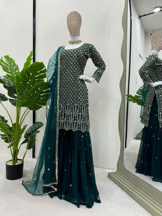 beautiful Designer sharara Suit Set on Georgette febric with Inner and Sequnce & Thred work and Sharara on also Georgette Febric With Sequnce & thred work and Dupatta on Soft Net Febric with Thred & sequence work