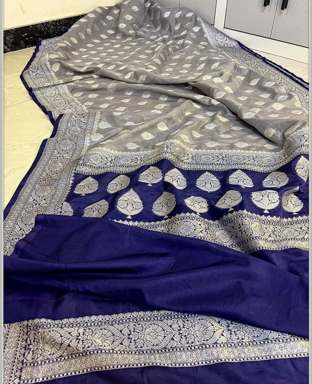 Banarasi Georgette Semi Katan 
Sarees Pure Silk Look With Exclusive Silver Zari Woven  Border Butis Body Rich Jacquard Pallu