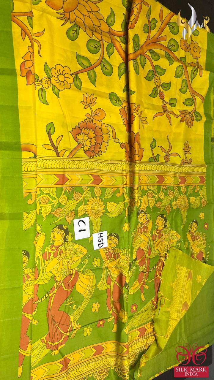 Original kanchipuram handloom silk  exclusive  TRADITIONAL  DESIGN KALAMKARI/PICHWAI design DIGITAL PRINTED Softsilk sarees*