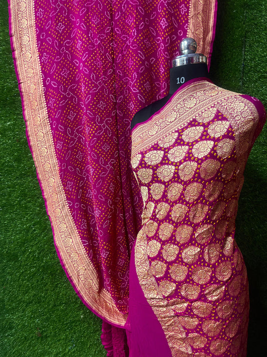 Pure Banarasi Georgette Border Palav Rai Bandhej Saree