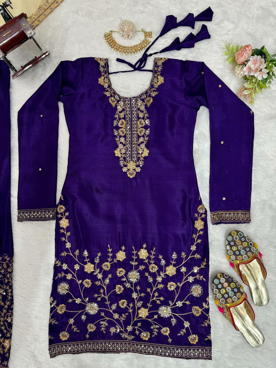 Designer sharara  Suit Set Chinon Silk febric with Inner and Sequnce With Thred work and Sharara on also Chinon Silk Febric With Sequnce With thred work and Dupatta on Faux Georgette Febric with Thred & sequence