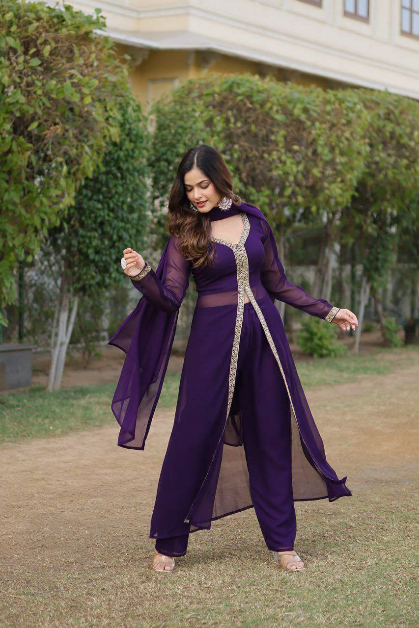Fancy suit set                        FABRIC & WORK :- Faux Blooming With Embroidered Work