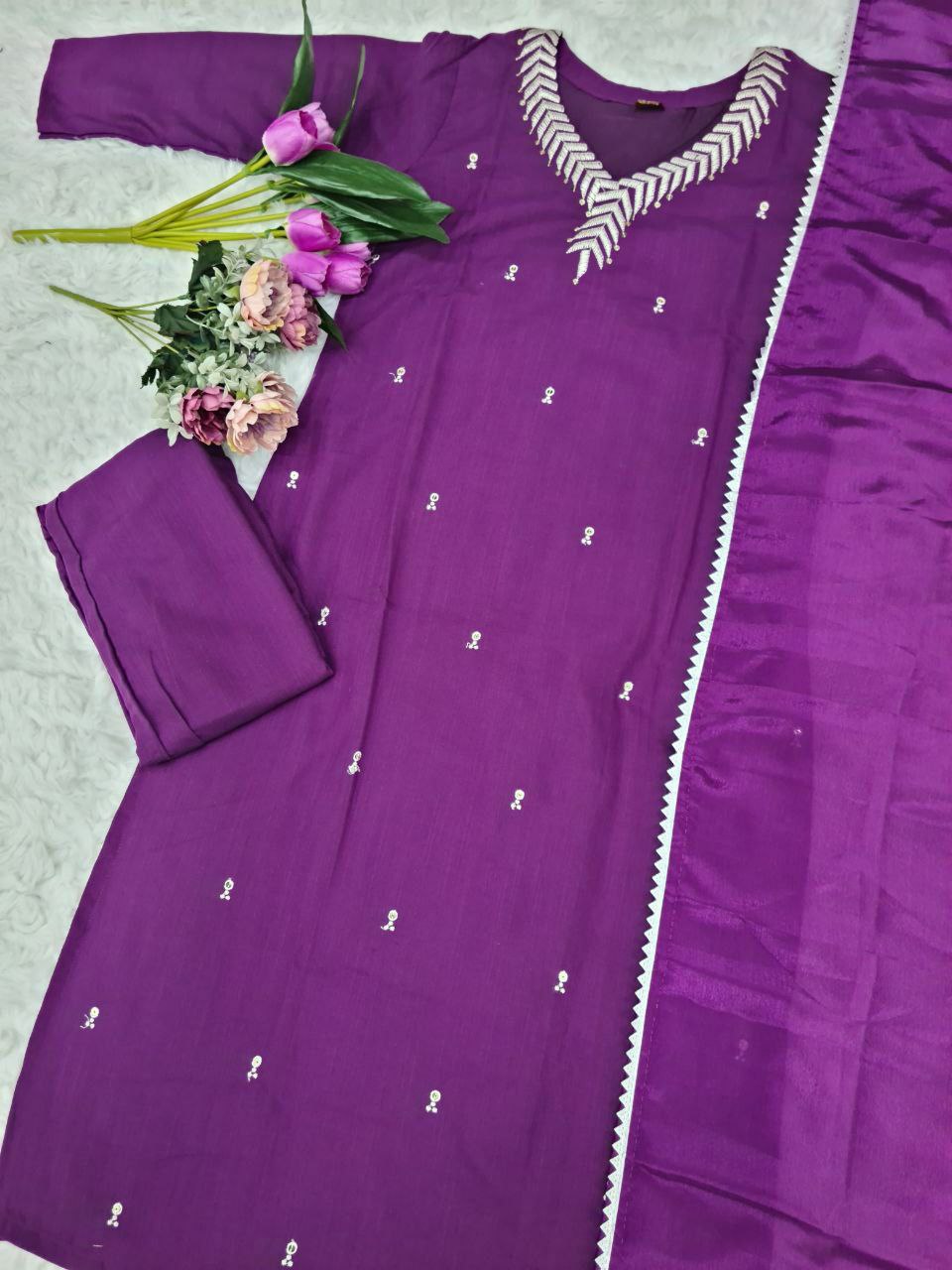 Beautiful suit set.                    PURE REYON SLUB WITH SEQUENCE EMBROIDERY WORK