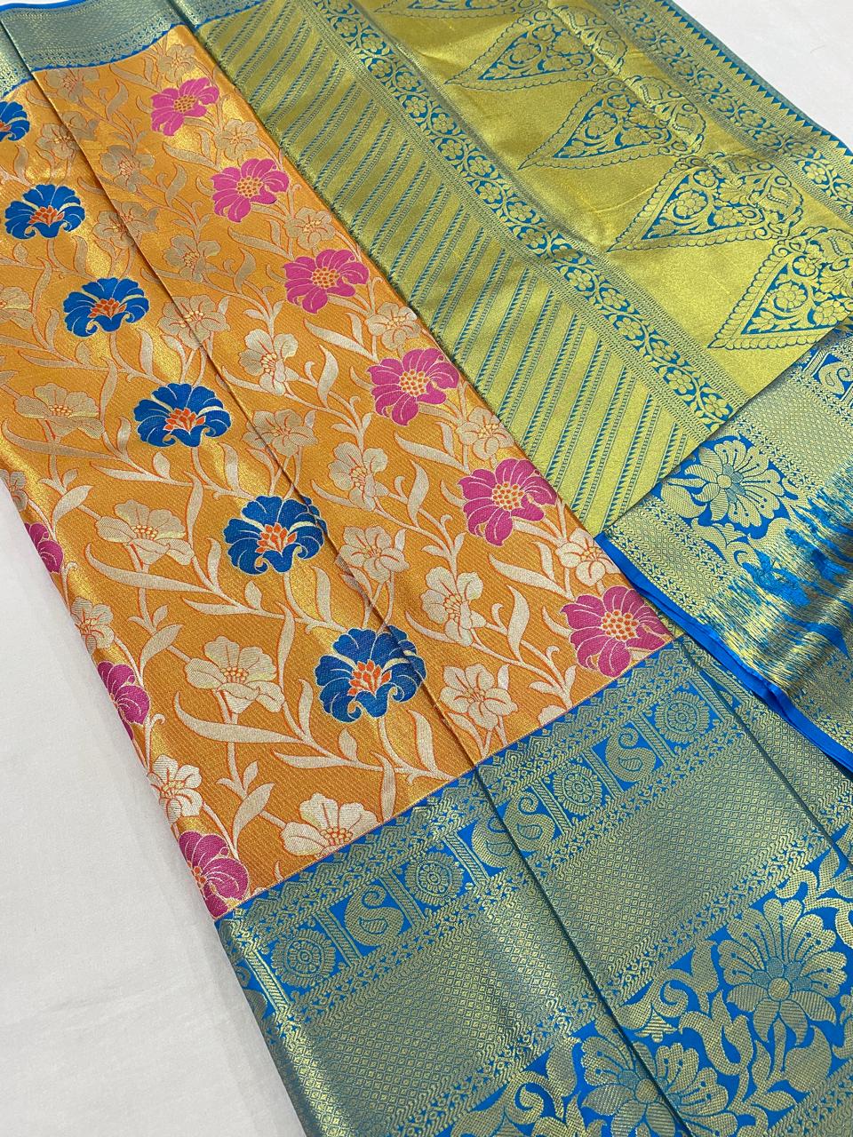 Kanchipuram semi Tishu silk sarees
Beautiful Design 
beautiful tishu bridal Semi silk sarees*