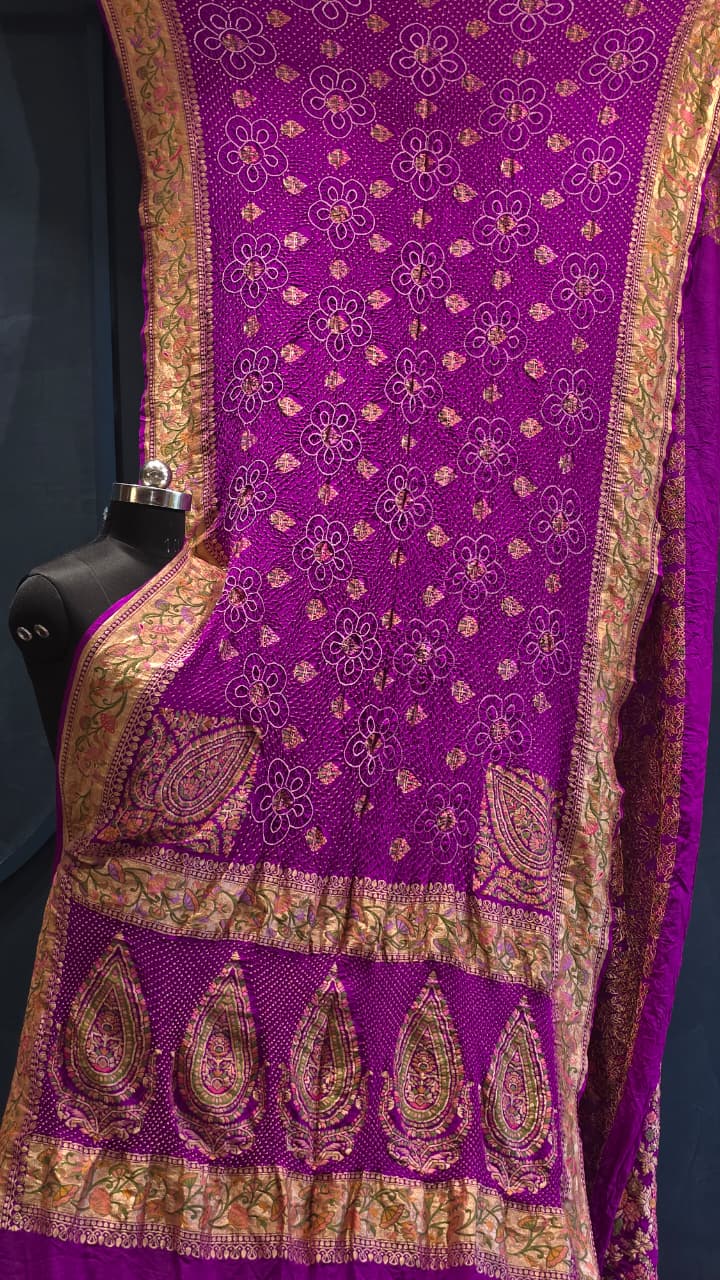 Pure banarasi georgette with Pasmina half and half designer rai bandhej saree Mejanta color