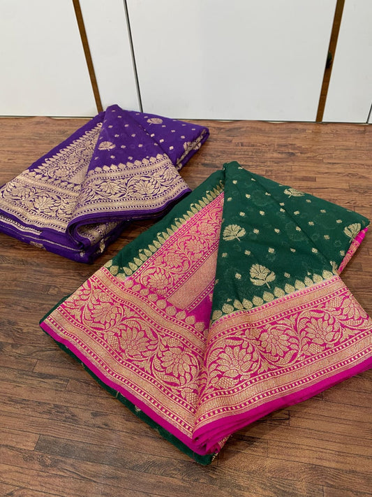 HANDWOVEN BANARASI DYEBLE KATAN GEORGET SAREE*