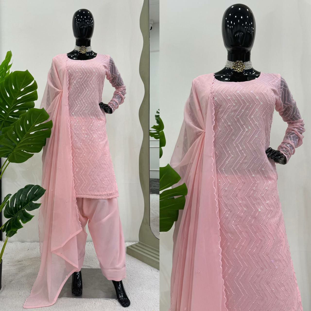 Suti set with dupatta 
Fabric :   Foux gorgette 
Inner   : Micro
Work  : thread with Sequnce  
Stich : M(38),L(40),XL(42) with xxl margin