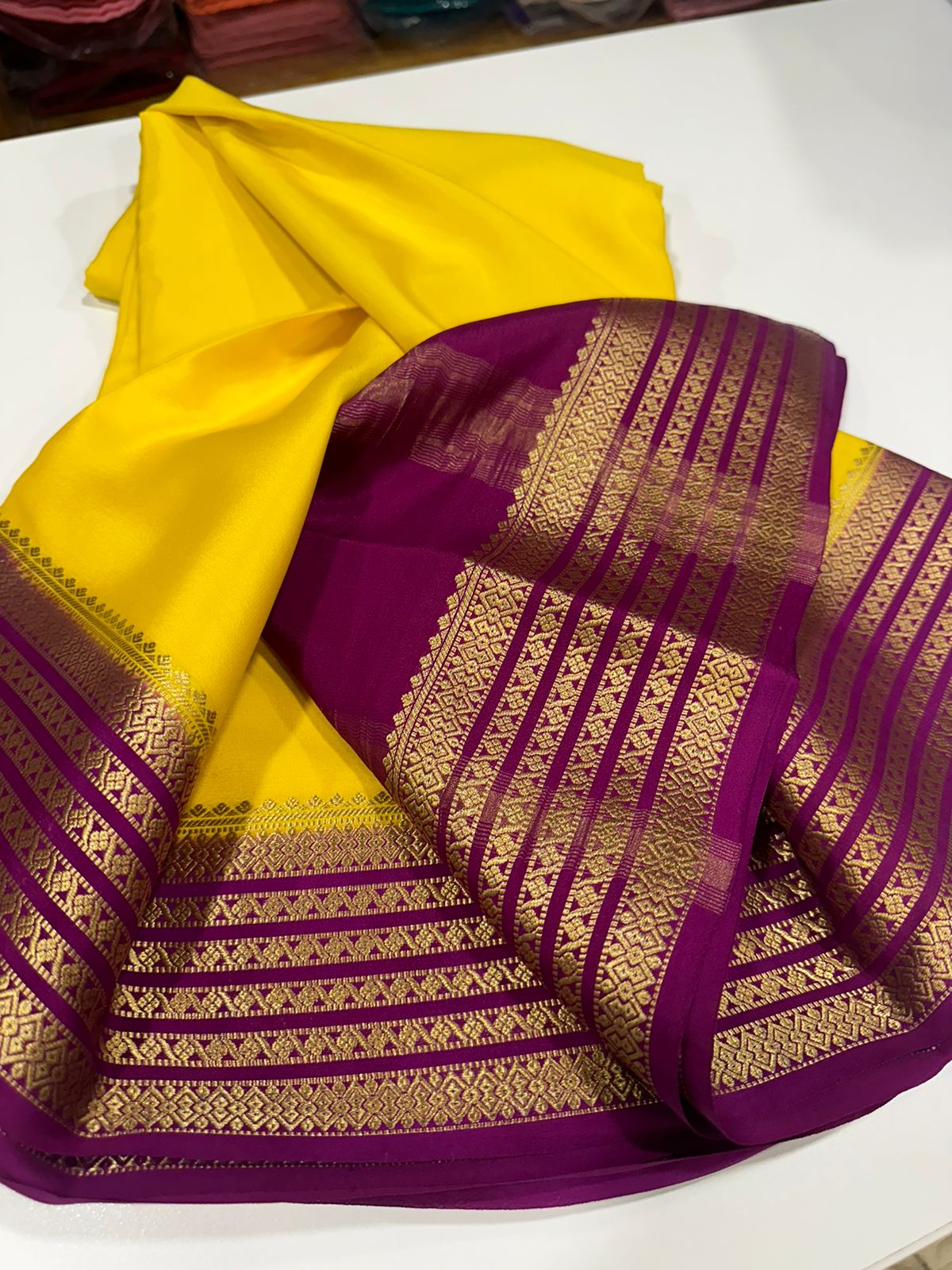 Pure Mysore silk sarees 
110 grm thickness  
Silk mark certified
Traditional lines border mysore silk sarees which comes with beautiful color combination