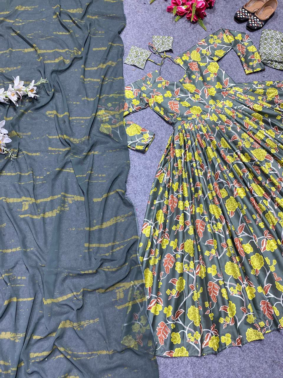 GOWN SET SILK SATIN WITH DIGITAL PRINT SLEEVES 
BOTTOM FABRIC COTTON SILK FREE SIZE