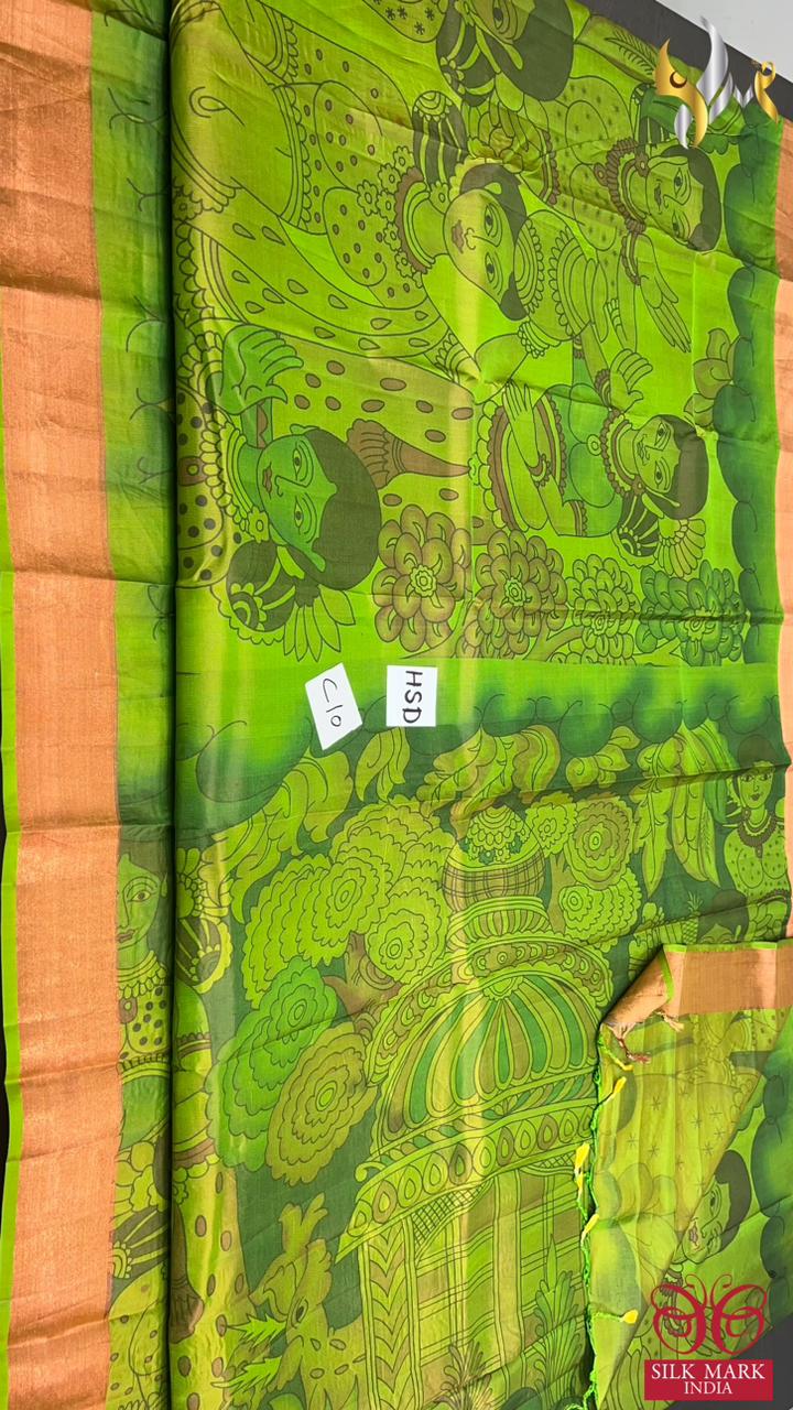 Original kanchipuram handloom silk  exclusive  TRADITIONAL  DESIGN KALAMKARI/PICHWAI design DIGITAL PRINTED Softsilk sarees*