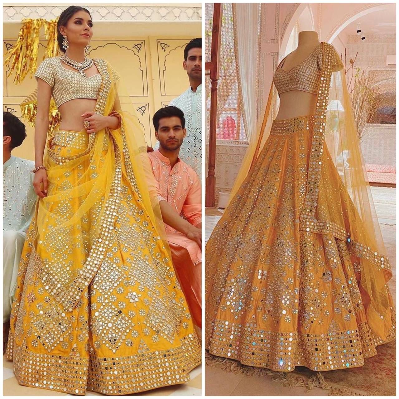 Launching Mono Satin Silk Real Mirror (10000 Mirror) work 3 Meter Flare (12 Kali) Lehenga with Cancan & Canvas Patta*
Lehenga Fabric- Mono Satin Silk*
Lehenga Work -Heavy Real Mirror Embroidery  Work Lehenga