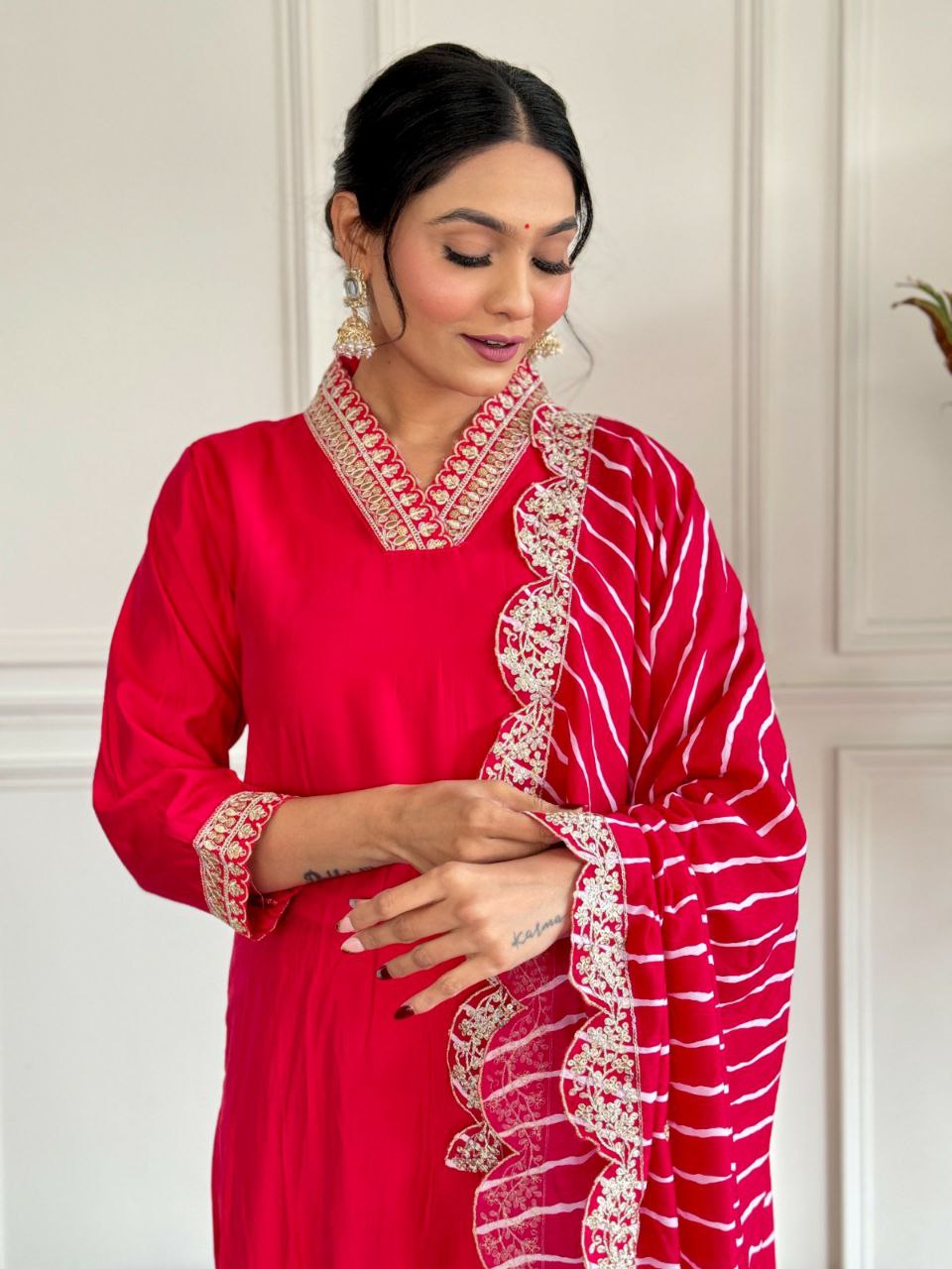 Suti set This set features PV CHANDERI with attractive Embroidery