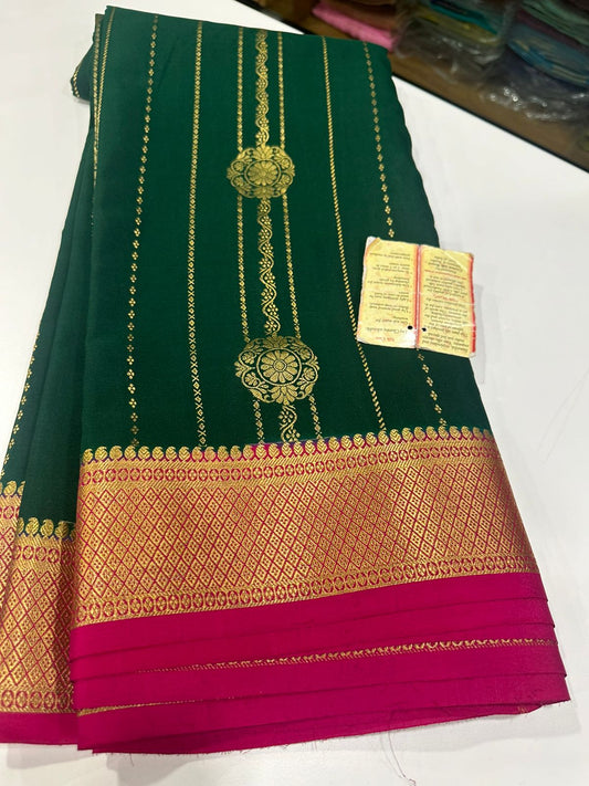 Pure Mysore silk sarees
120 grm thickness  with rich pallu 
Silk mark certified
Big Bentex border with motifs on the body n vertical lines   .....small motifs all over body with rich pallu
