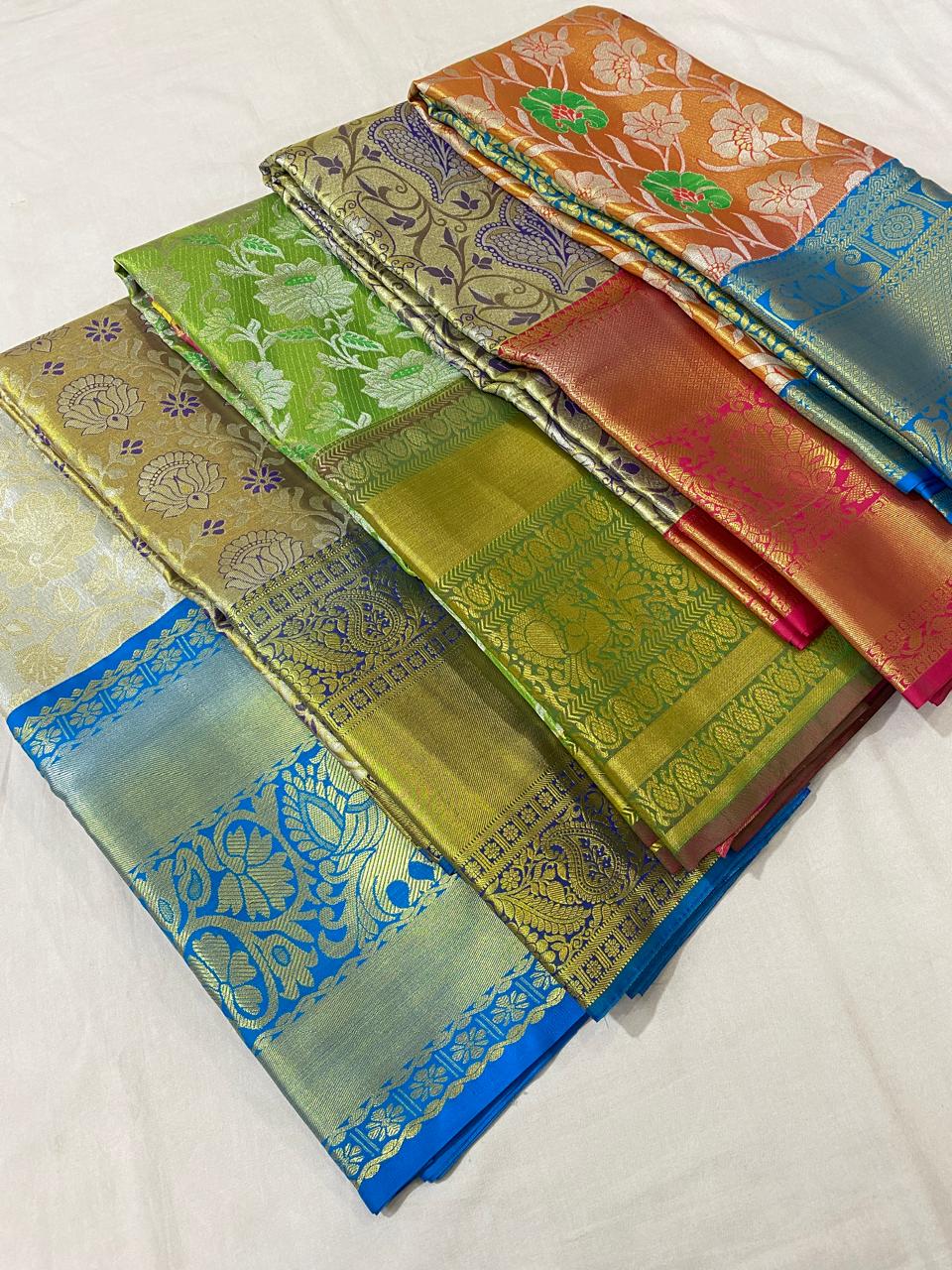 Kanchipuram semi Tishu silk sarees
Beautiful Design 
beautiful tishu bridal Semi silk sarees*