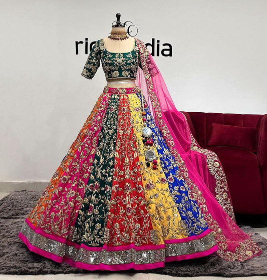 Lehenga choli 
Fabric : Luxurious Faux Georgette
Embellishment : Intricate Sequins Embroidery, enhanced with Can-Can and Canvas layers
