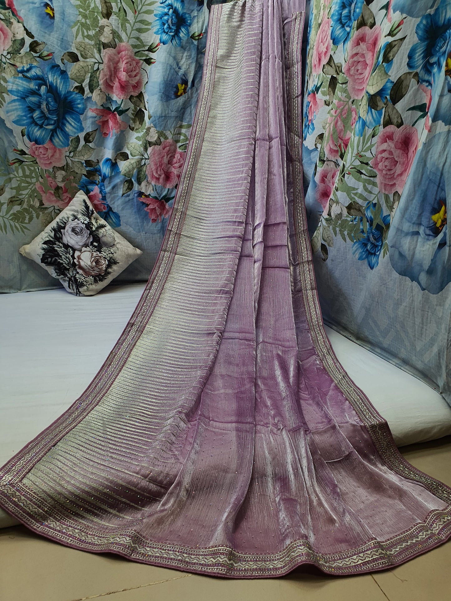 ALLOVER DESIGNER SILVER JARI WORK AND SWAROSKI STONE ON JIMMY CHOO* Saree