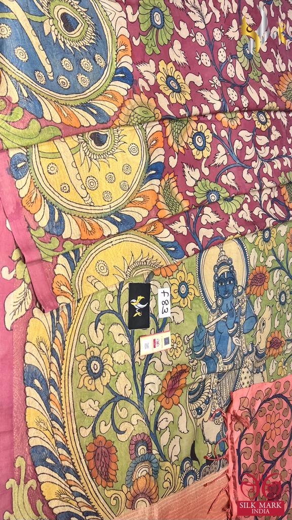 New launch work in penkalamkari monolithic work*
Original PenKalamkari  handpaint Kanchipuram softsilk sarees* 
Natural  organic colour  used on painting