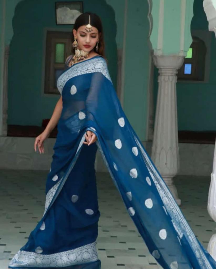 New Banarasi Semi Georgette Sarees
With Silver Zari Buta Good Quality
Banarasi blouse
