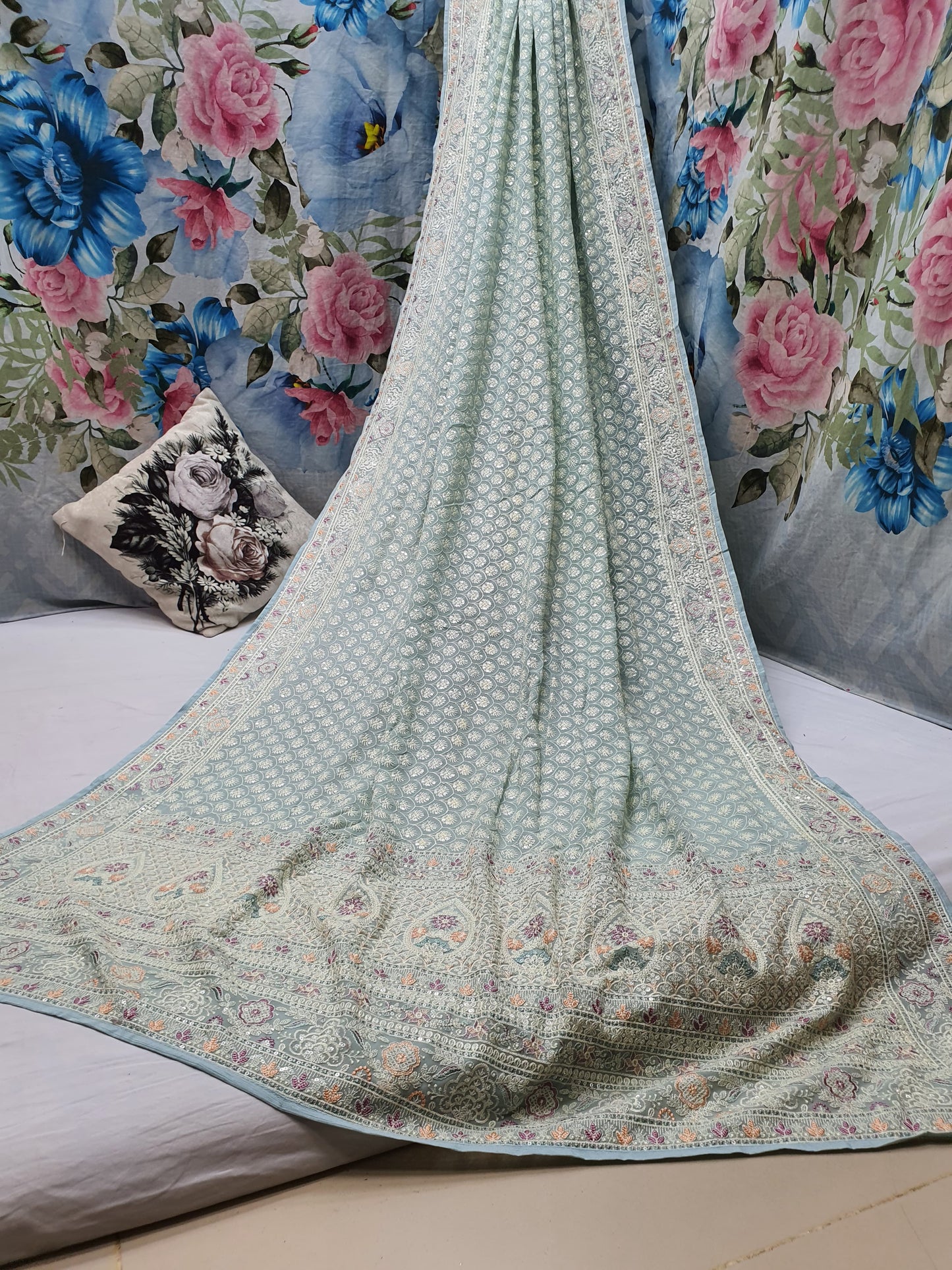 Allover lucknowi chikankari work with parsi work on Georgette*
Saree