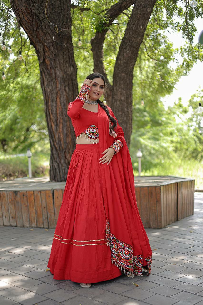 Special garba lover lehenga choli                    Lehenga:- (Full-Stitched)
Fabric & Work - 14 Kg Reyon With Attractive Gota-Patti work