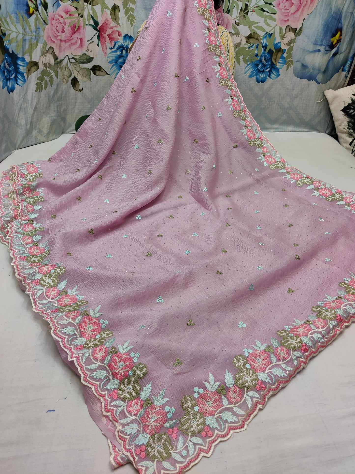 Allover crosstich work border and allover swaroski stone on crush chiffon* 
Saree