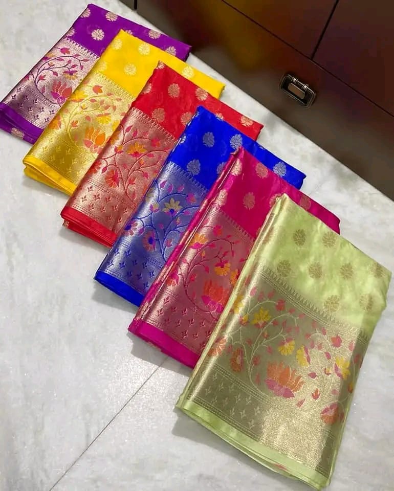 Banarasi Warmsilk Alfi Scurt*
Water Zari and Dupian Mina Work*
Beautiful Colour Combination*
Soft Fabric Light Weight Sarees*