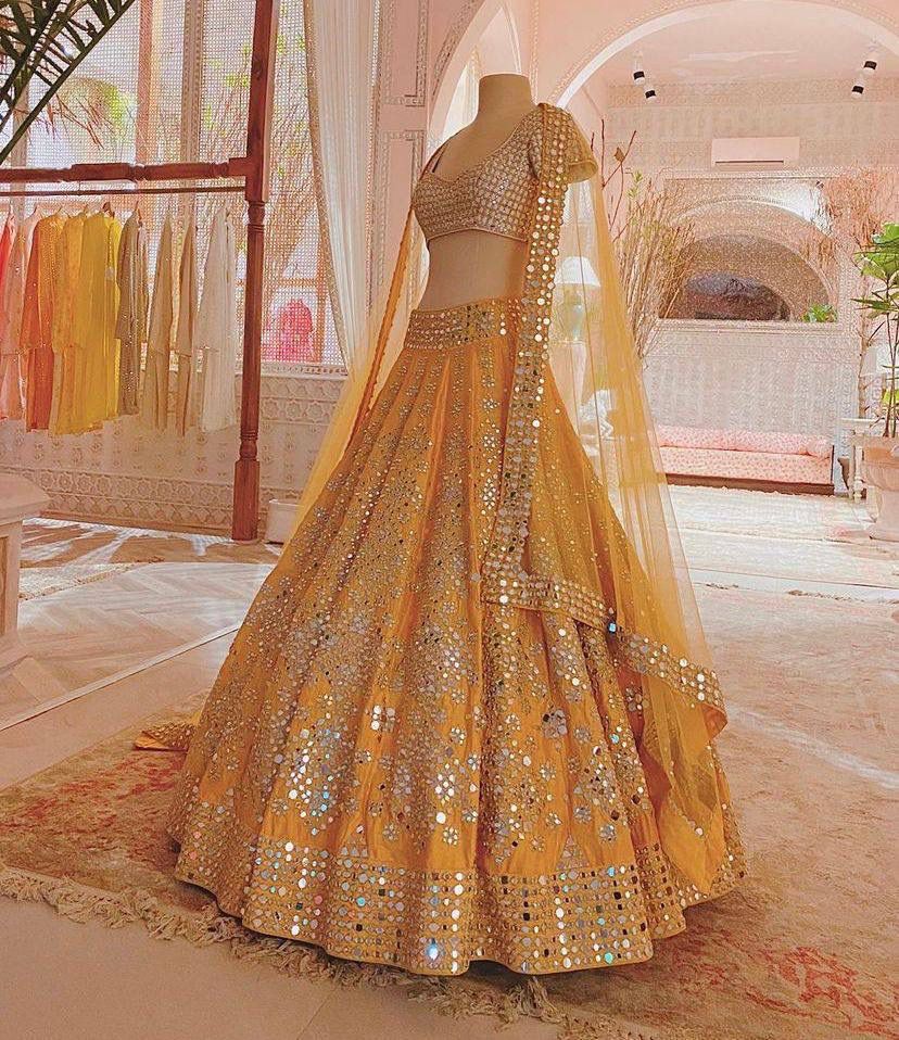 Launching Mono Satin Silk Real Mirror (10000 Mirror) work 3 Meter Flare (12 Kali) Lehenga with Cancan & Canvas Patta*
Lehenga Fabric- Mono Satin Silk*
Lehenga Work -Heavy Real Mirror Embroidery  Work Lehenga