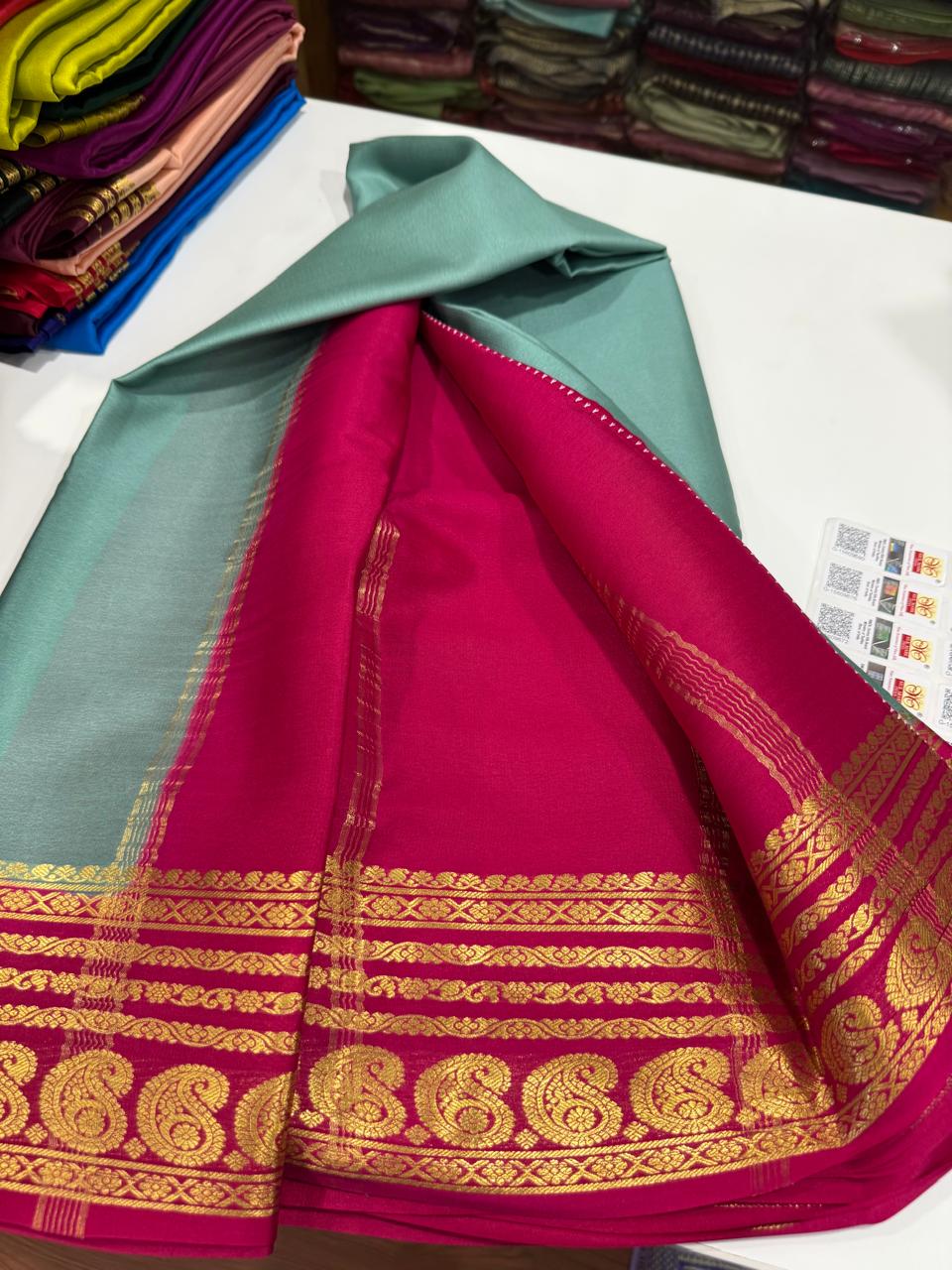 Pure Mysore silk sarees 
75 grm thickness Traditional  border Mysore silk sarees with all beautiful self colour big mango traditional