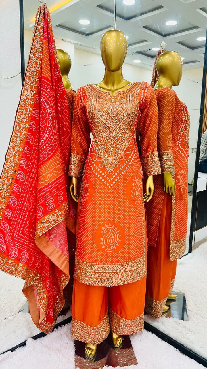 Designer plazo suit set          Heavy Chinon With Digital Print With Embroidery Sequence Work With Heavy With Full Sleeve