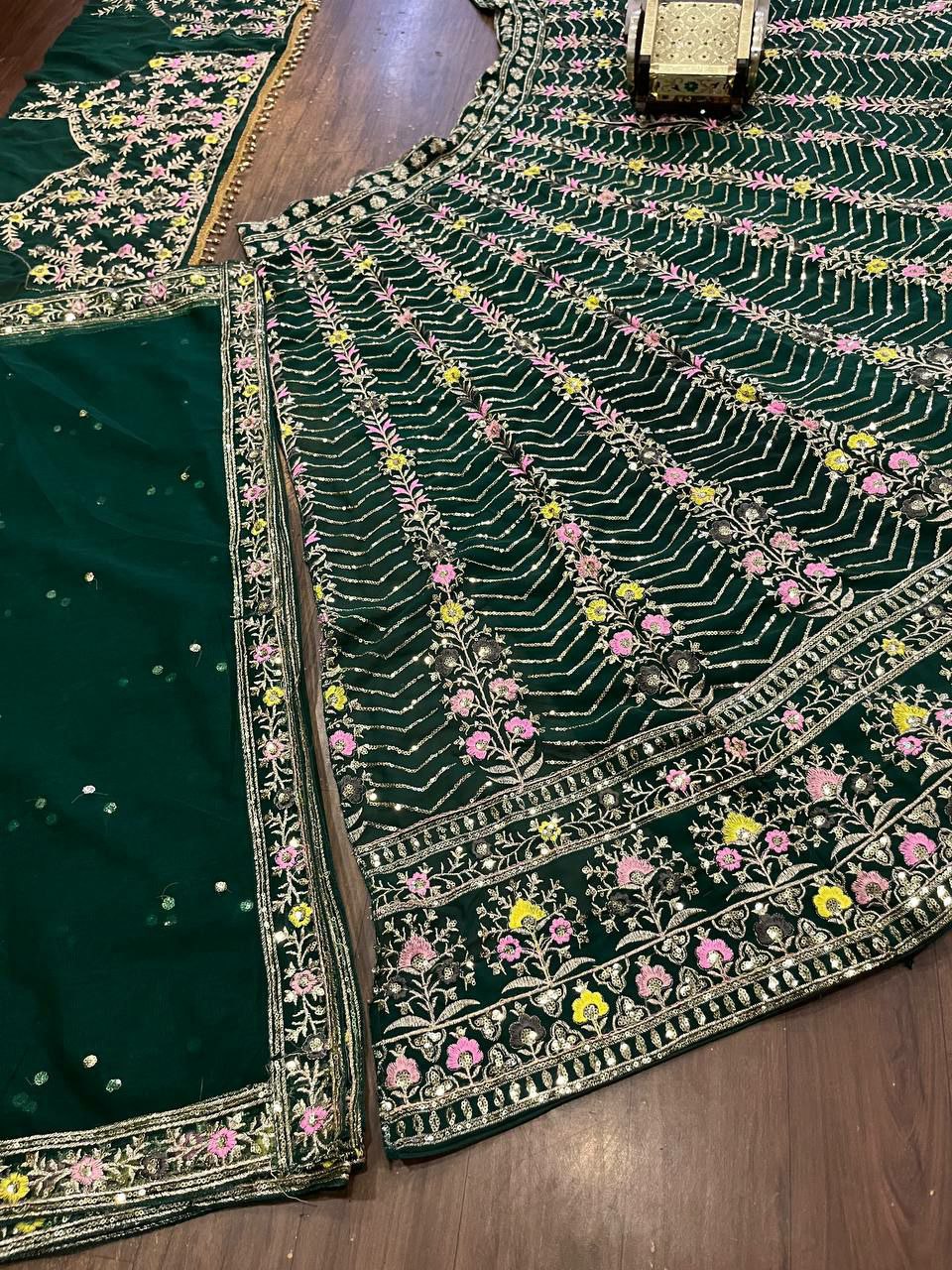 Designer bridal lehenga choli Lehenga  Fabric-Fox Georgette
Lehenga work-Embroidery  Sequins Work With Cancan & Canvas Patta
