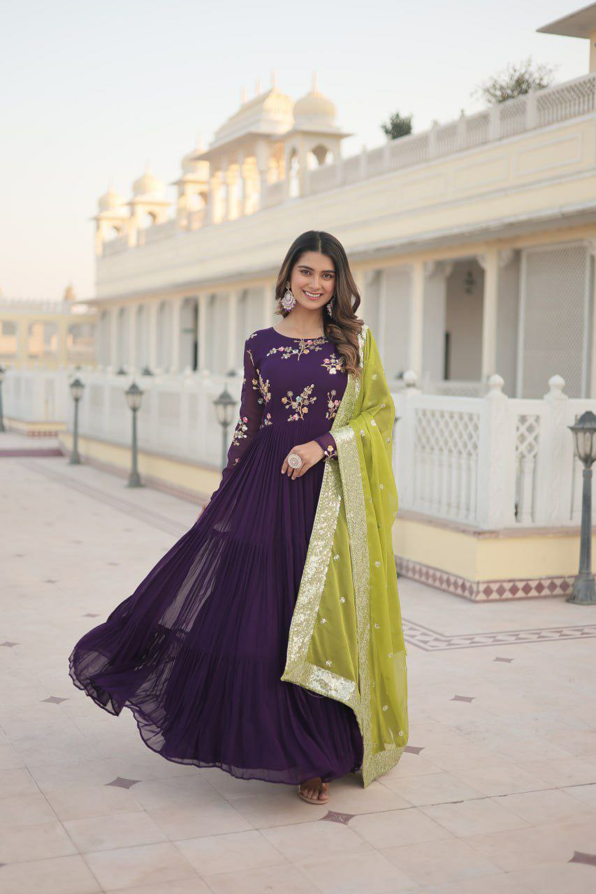 GOWN  set
FABRICS & Work :- Faux Georgette with Embroidered and Multi-Sequins work